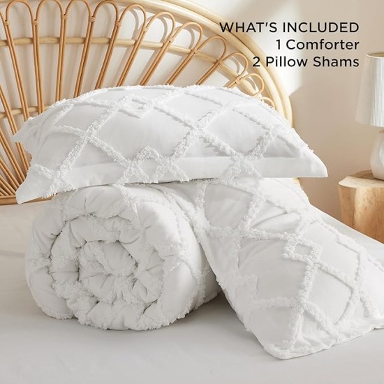 Boho Comforter Set Queen - White Tufted Bedding Comforter Set, 3 Pieces Farmhouse Shabby Chic Embroidery Bed Set, Soft Fluffy Geometric Pattern Comforter for All Seasons