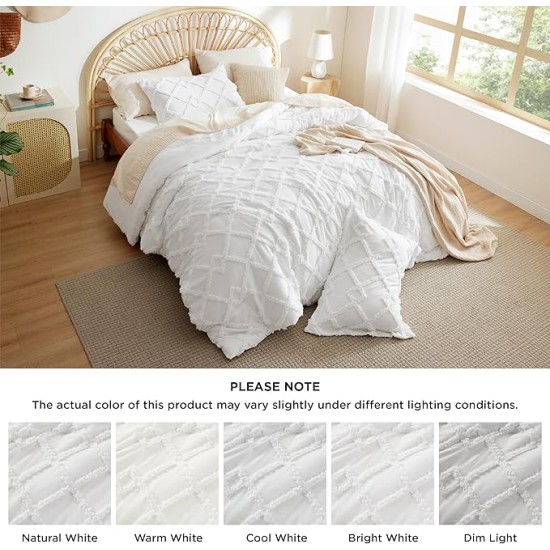 Boho Comforter Set Queen - White Tufted Bedding Comforter Set, 3 Pieces Farmhouse Shabby Chic Embroidery Bed Set, Soft Fluffy Geometric Pattern Comforter for All Seasons