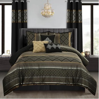 Geometric Black and Gold Comforter Set Queen Size, 9 Piece Jacquard Bedding Set, Ultra-Soft, Matching Shams, Bedskirt, Decorative Pillows, Curtains