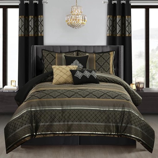 Geometric Black and Gold Comforter Set Queen Size, 9 Piece Jacquard Bedding Set, Ultra-Soft, Matching Shams, Bedskirt, Decorative Pillows, Curtains