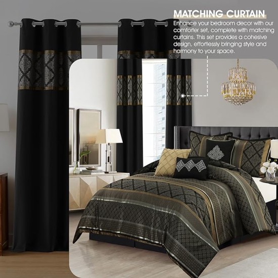 Geometric Black and Gold Comforter Set Queen Size, 9 Piece Jacquard Bedding Set, Ultra-Soft, Matching Shams, Bedskirt, Decorative Pillows, Curtains