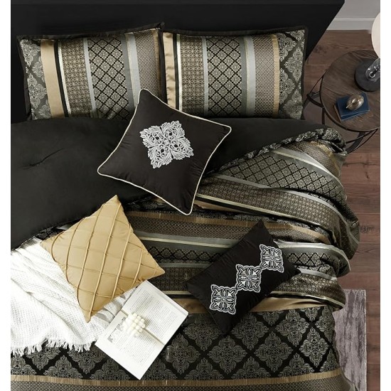 Geometric Black and Gold Comforter Set Queen Size, 9 Piece Jacquard Bedding Set, Ultra-Soft, Matching Shams, Bedskirt, Decorative Pillows, Curtains