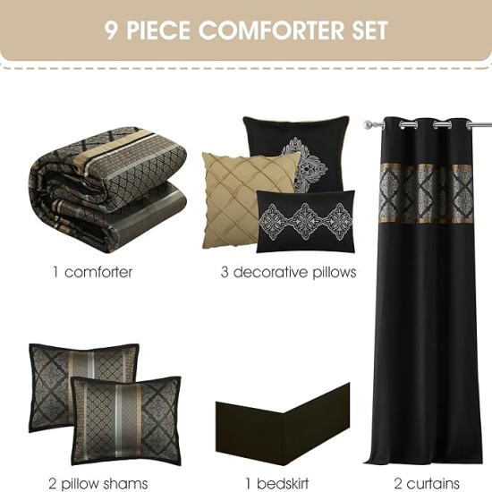 Geometric Black and Gold Comforter Set Queen Size, 9 Piece Jacquard Bedding Set, Ultra-Soft, Matching Shams, Bedskirt, Decorative Pillows, Curtains