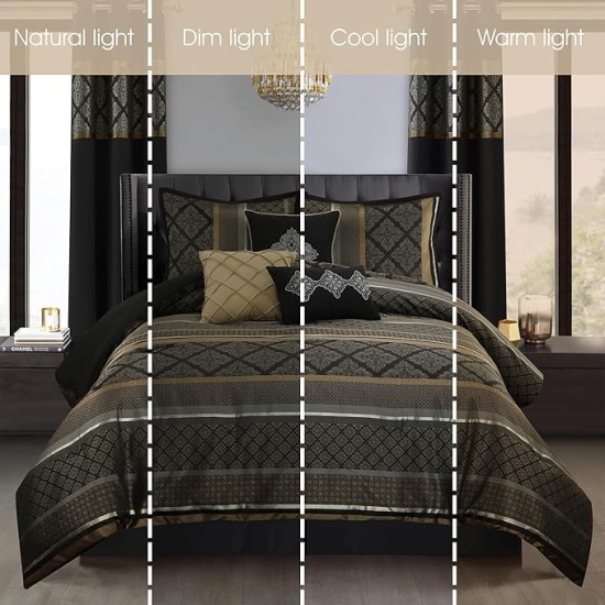 Geometric Black and Gold Comforter Set Queen Size, 9 Piece Jacquard Bedding Set, Ultra-Soft, Matching Shams, Bedskirt, Decorative Pillows, Curtains