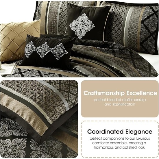 Geometric Black and Gold Comforter Set Queen Size, 9 Piece Jacquard Bedding Set, Ultra-Soft, Matching Shams, Bedskirt, Decorative Pillows, Curtains