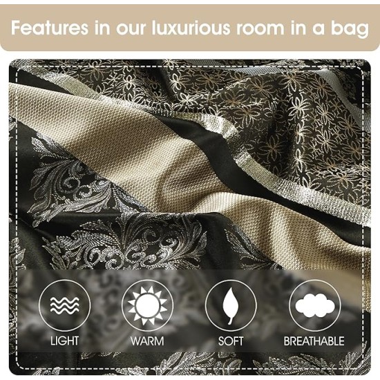 Geometric Black and Gold Comforter Set Queen Size, 9 Piece Jacquard Bedding Set, Ultra-Soft, Matching Shams, Bedskirt, Decorative Pillows, Curtains