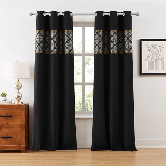 Geometric Black and Gold Comforter Set Queen Size, 9 Piece Jacquard Bedding Set, Ultra-Soft, Matching Shams, Bedskirt, Decorative Pillows, Curtains