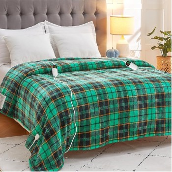 Heated Blanket Electric, Queen Size 84X90, Heating Blanket with 10 Heating Levels/8 Hours Auto Off/Dual Control, Green Plaid Checkered Sherpa Blanket Warmer for Adults, Fast Heating, ETL