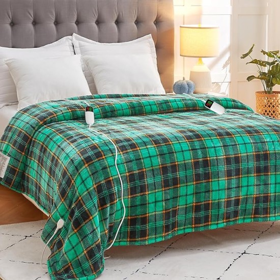 Heated Blanket Electric, Queen Size 84X90, Heating Blanket with 10 Heating Levels/8 Hours Auto Off/Dual Control, Green Plaid Checkered Sherpa Blanket Warmer for Adults, Fast Heating, ETL