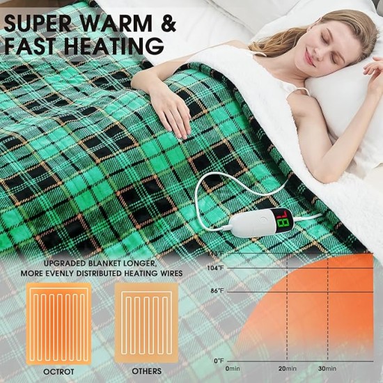 Heated Blanket Electric, Queen Size 84X90, Heating Blanket with 10 Heating Levels/8 Hours Auto Off/Dual Control, Green Plaid Checkered Sherpa Blanket Warmer for Adults, Fast Heating, ETL