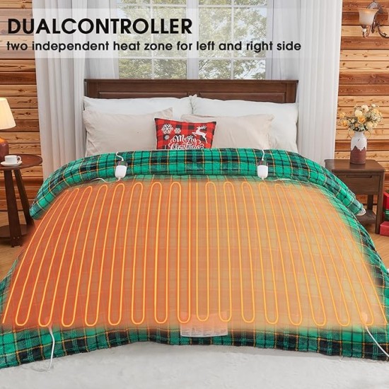 Heated Blanket Electric, Queen Size 84X90, Heating Blanket with 10 Heating Levels/8 Hours Auto Off/Dual Control, Green Plaid Checkered Sherpa Blanket Warmer for Adults, Fast Heating, ETL
