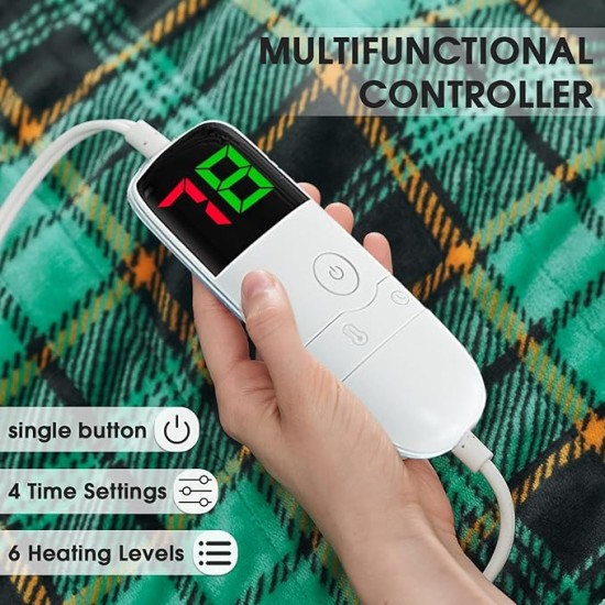 Heated Blanket Electric, Queen Size 84X90, Heating Blanket with 10 Heating Levels/8 Hours Auto Off/Dual Control, Green Plaid Checkered Sherpa Blanket Warmer for Adults, Fast Heating, ETL