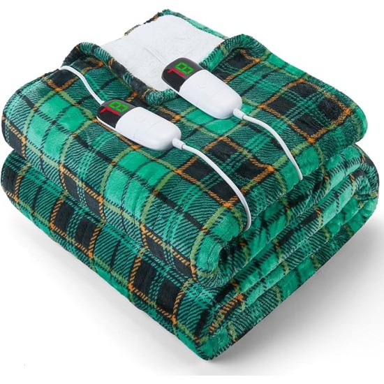 Heated Blanket Electric, Queen Size 84X90, Heating Blanket with 10 Heating Levels/8 Hours Auto Off/Dual Control, Green Plaid Checkered Sherpa Blanket Warmer for Adults, Fast Heating, ETL