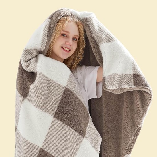 Thick Warm Blankets for Winter, Soft Sherpa Blanket for Men, Cozy Blankets Gifts for Women, Plaid Blanket Brown Throw Blanket for Couch, Cute Printed Fleece Blanket for Christmas, 50"x60"