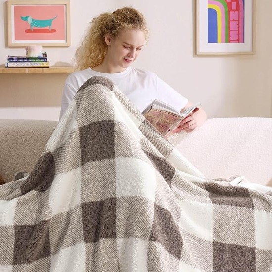 Thick Warm Blankets for Winter, Soft Sherpa Blanket for Men, Cozy Blankets Gifts for Women, Plaid Blanket Brown Throw Blanket for Couch, Cute Printed Fleece Blanket for Christmas, 50"x60"