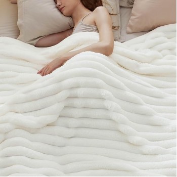 Blankets Queen Size for Bed - Super Soft Cozy Blankets for Women, Cute Large Fleece Blanket for Girls, White，90x90 Inches, Wider Striped Design