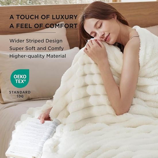 Blankets Queen Size for Bed - Super Soft Cozy Blankets for Women, Cute Large Fleece Blanket for Girls, White，90x90 Inches, Wider Striped Design