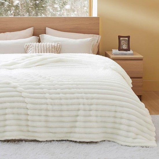 Blankets Queen Size for Bed - Super Soft Cozy Blankets for Women, Cute Large Fleece Blanket for Girls, White，90x90 Inches, Wider Striped Design