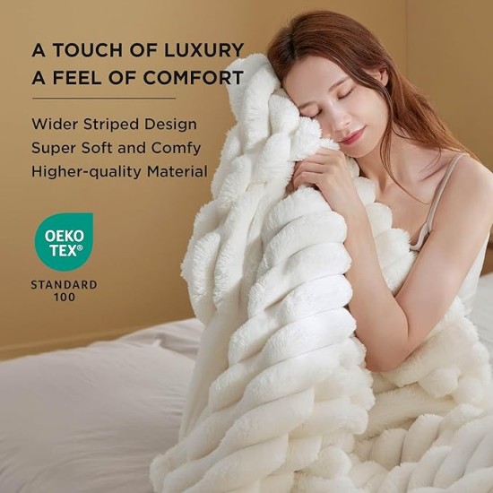 White Throw Fleece Blanket for Couch - Super Soft Cozy Blankets for Women, Cute Small Blanket for Girls, 50x60 Inches, Wider Striped Design