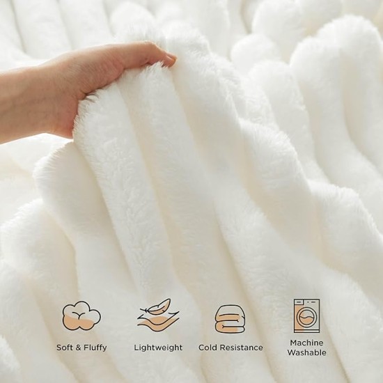 White Throw Fleece Blanket for Couch - Super Soft Cozy Blankets for Women, Cute Small Blanket for Girls, 50x60 Inches, Wider Striped Design