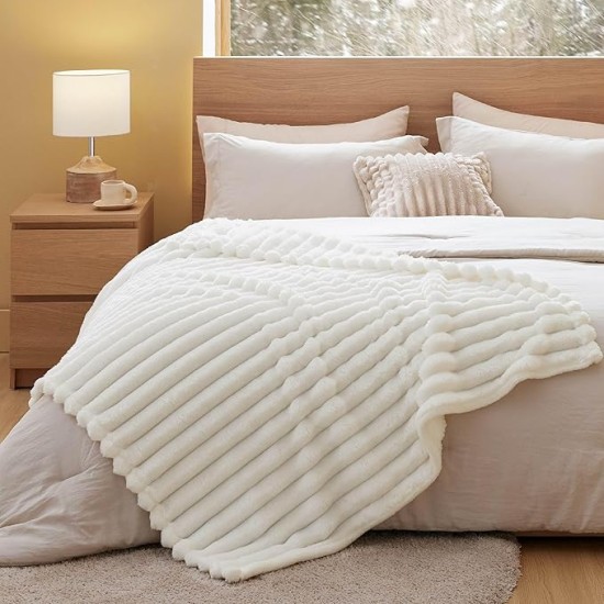 White Throw Fleece Blanket for Couch - Super Soft Cozy Blankets for Women, Cute Small Blanket for Girls, 50x60 Inches, Wider Striped Design