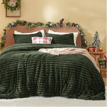 Fluffy Comforter Set Queen - Super Soft Faux Fur Comforter Queen Size Olive Green, Winter Warm Fleece Bedding Set, Plush Fuzzy Bed Set, 3 Pieces, 1 Shaggy Comforter with 2 Pillowcases