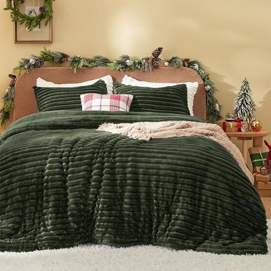 Fluffy Comforter Set Queen - Super Soft Faux Fur Comforter Queen Size Olive Green, Winter Warm Fleece Bedding Set, Plush Fuzzy Bed Set, 3 Pieces, 1 Shaggy Comforter with 2 Pillowcases