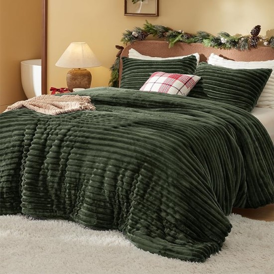 Fluffy Comforter Set Queen - Super Soft Faux Fur Comforter Queen Size Olive Green, Winter Warm Fleece Bedding Set, Plush Fuzzy Bed Set, 3 Pieces, 1 Shaggy Comforter with 2 Pillowcases