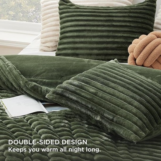 Fluffy Comforter Set Queen - Super Soft Faux Fur Comforter Queen Size Olive Green, Winter Warm Fleece Bedding Set, Plush Fuzzy Bed Set, 3 Pieces, 1 Shaggy Comforter with 2 Pillowcases