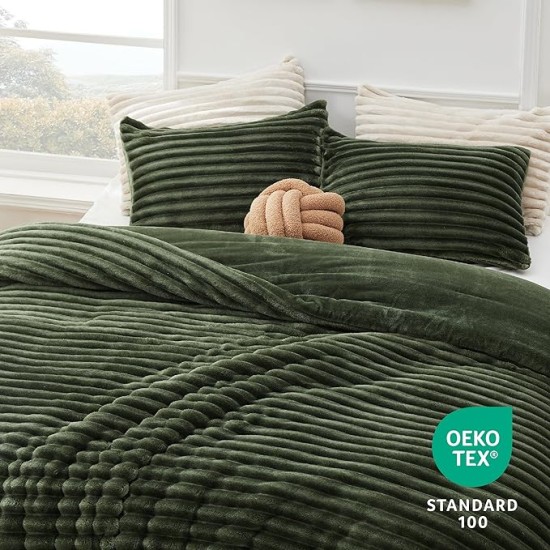 Fluffy Comforter Set Queen - Super Soft Faux Fur Comforter Queen Size Olive Green, Winter Warm Fleece Bedding Set, Plush Fuzzy Bed Set, 3 Pieces, 1 Shaggy Comforter with 2 Pillowcases