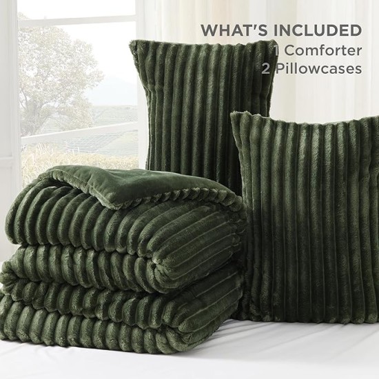 Fluffy Comforter Set Queen - Super Soft Faux Fur Comforter Queen Size Olive Green, Winter Warm Fleece Bedding Set, Plush Fuzzy Bed Set, 3 Pieces, 1 Shaggy Comforter with 2 Pillowcases