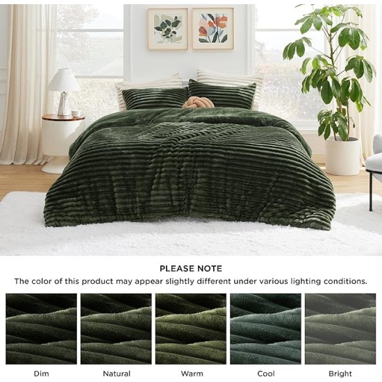 Fluffy Comforter Set Queen - Super Soft Faux Fur Comforter Queen Size Olive Green, Winter Warm Fleece Bedding Set, Plush Fuzzy Bed Set, 3 Pieces, 1 Shaggy Comforter with 2 Pillowcases
