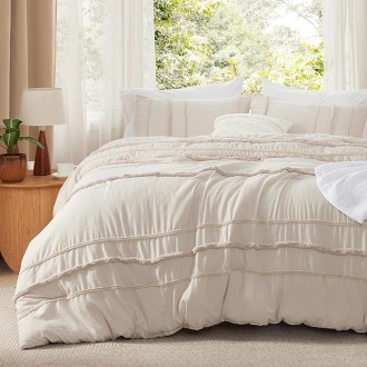 Tufted Boho Comforter Set Queen Size, Beige Strip Boho Bedding Comforter Set, 3 Pieces Vintage Farmhouse Embroidery Bed Set for All Seasons, Soft Shabby Chic Bedding Set with 2 Pillowcases