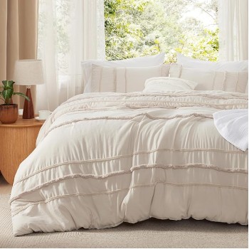 Tufted Boho Comforter Set Queen Size, Beige Strip Boho Bedding Comforter Set, 3 Pieces Vintage Farmhouse Embroidery Bed Set for All Seasons, Soft Shabby Chic Bedding Set with 2 Pillowcases