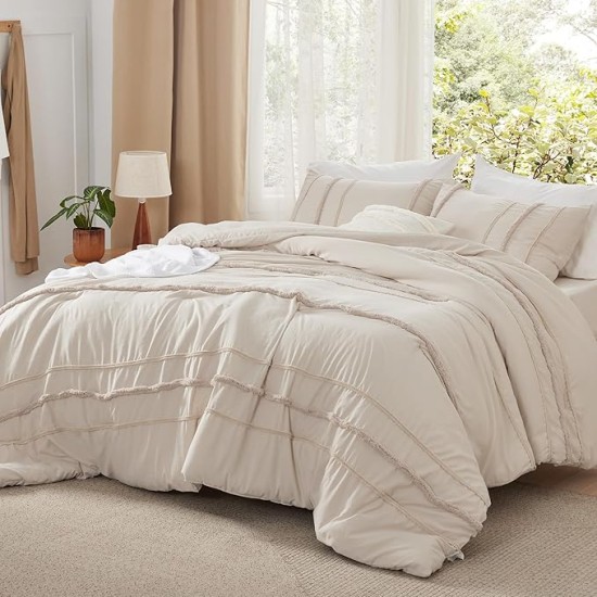 Tufted Boho Comforter Set Queen Size, Beige Strip Boho Bedding Comforter Set, 3 Pieces Vintage Farmhouse Embroidery Bed Set for All Seasons, Soft Shabby Chic Bedding Set with 2 Pillowcases