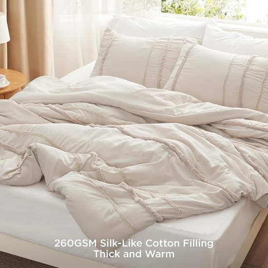 Tufted Boho Comforter Set Queen Size, Beige Strip Boho Bedding Comforter Set, 3 Pieces Vintage Farmhouse Embroidery Bed Set for All Seasons, Soft Shabby Chic Bedding Set with 2 Pillowcases