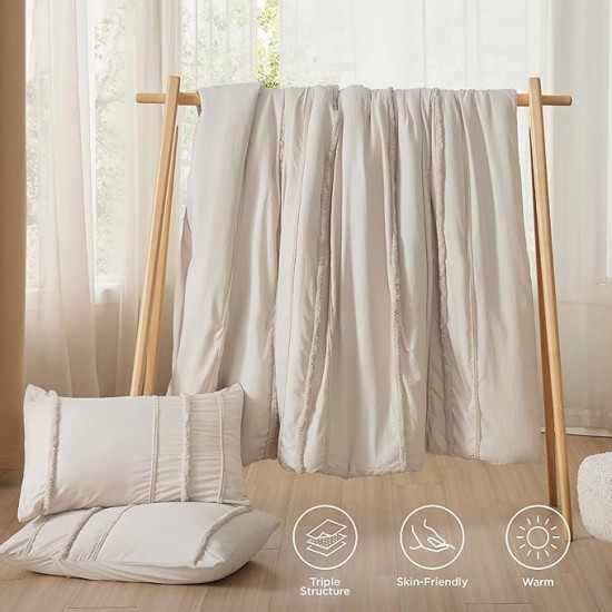 Tufted Boho Comforter Set Queen Size, Beige Strip Boho Bedding Comforter Set, 3 Pieces Vintage Farmhouse Embroidery Bed Set for All Seasons, Soft Shabby Chic Bedding Set with 2 Pillowcases