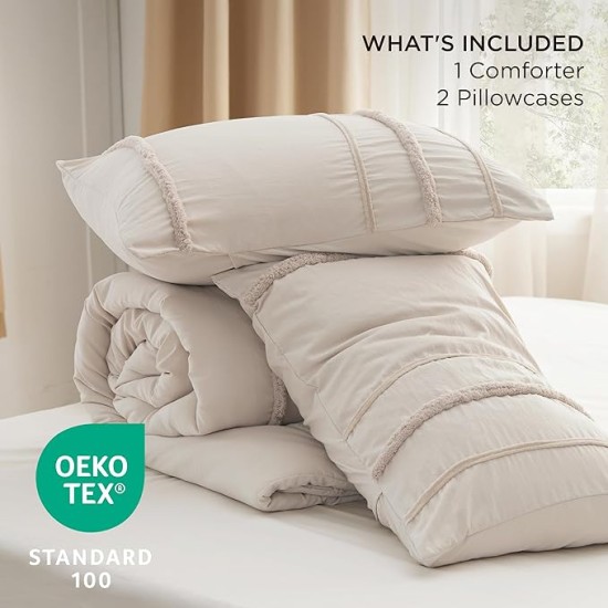 Tufted Boho Comforter Set Queen Size, Beige Strip Boho Bedding Comforter Set, 3 Pieces Vintage Farmhouse Embroidery Bed Set for All Seasons, Soft Shabby Chic Bedding Set with 2 Pillowcases