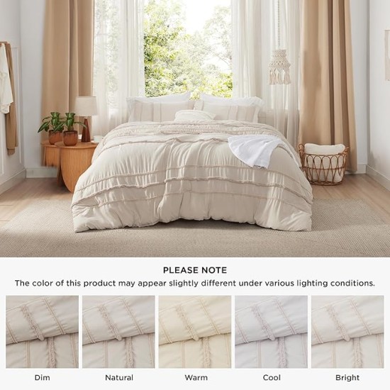 Tufted Boho Comforter Set Queen Size, Beige Strip Boho Bedding Comforter Set, 3 Pieces Vintage Farmhouse Embroidery Bed Set for All Seasons, Soft Shabby Chic Bedding Set with 2 Pillowcases
