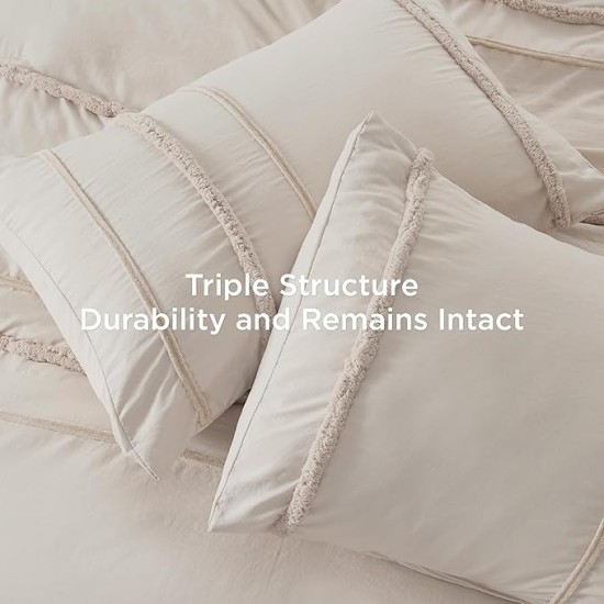 Tufted Boho Comforter Set Queen Size, Beige Strip Boho Bedding Comforter Set, 3 Pieces Vintage Farmhouse Embroidery Bed Set for All Seasons, Soft Shabby Chic Bedding Set with 2 Pillowcases