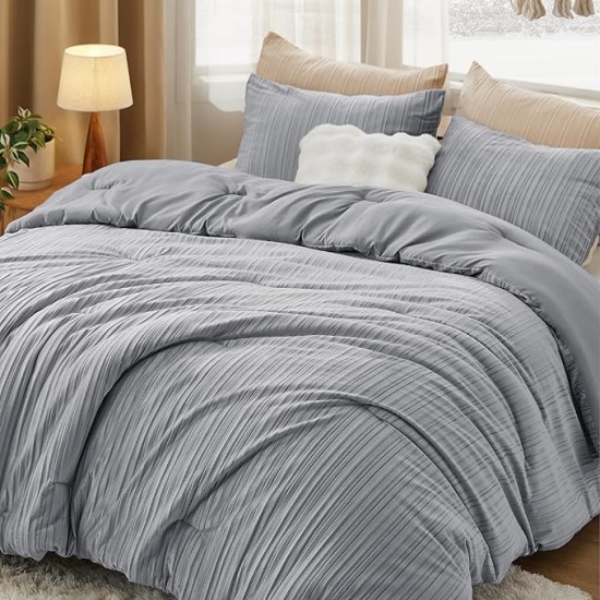 Fluffy Queen Comforter Set, 5 Pieces Soft Bed in a Bag, Warm Luxury Fuzzy Bedding Set Grey Bed Set for Winter with 1 Comforter, 2 Pillowcases, 1 Throw Pillow & Throw Pillowcase