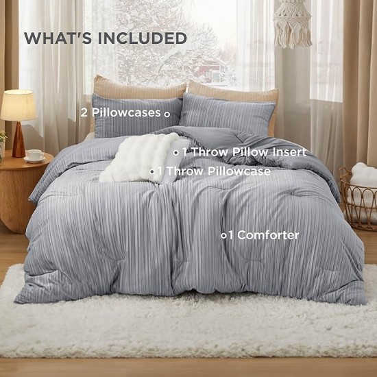Fluffy Queen Comforter Set, 5 Pieces Soft Bed in a Bag, Warm Luxury Fuzzy Bedding Set Grey Bed Set for Winter with 1 Comforter, 2 Pillowcases, 1 Throw Pillow & Throw Pillowcase