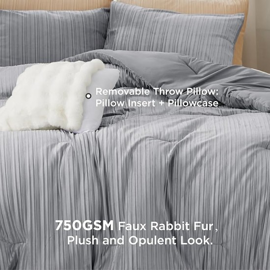 Fluffy Queen Comforter Set, 5 Pieces Soft Bed in a Bag, Warm Luxury Fuzzy Bedding Set Grey Bed Set for Winter with 1 Comforter, 2 Pillowcases, 1 Throw Pillow & Throw Pillowcase