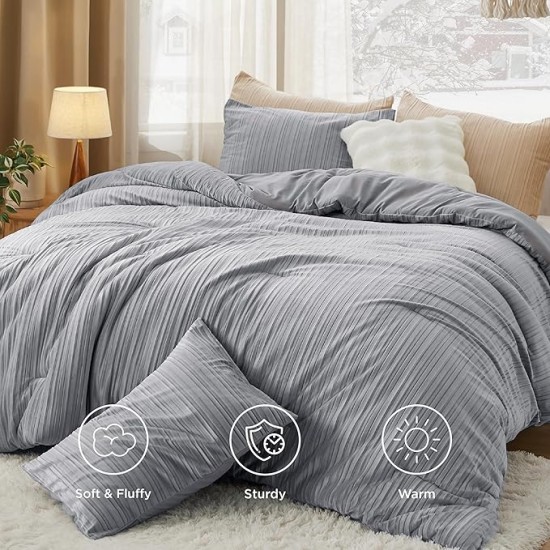 Fluffy Queen Comforter Set, 5 Pieces Soft Bed in a Bag, Warm Luxury Fuzzy Bedding Set Grey Bed Set for Winter with 1 Comforter, 2 Pillowcases, 1 Throw Pillow & Throw Pillowcase