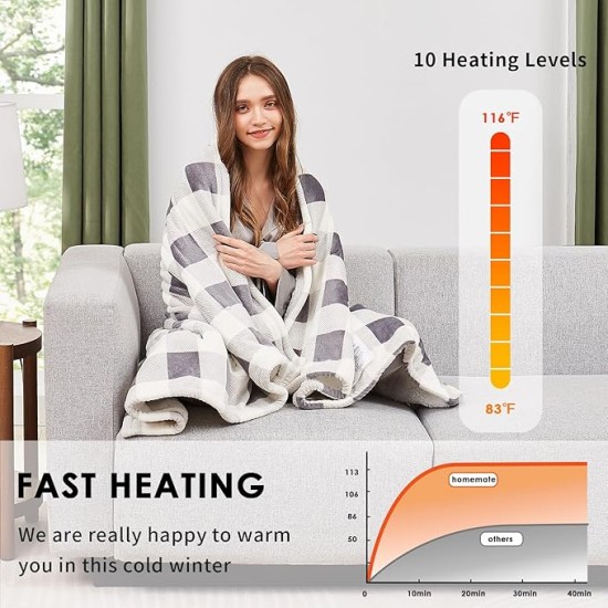 Electric Blanket Heated Queen Size - 84“x90“ Ultra Soft Cozy Flannel Heating Blanket with 10 Fast Heat Levels 8 Hours Auto Off Over-Heated Protection ETL Certification Keep Warm in Home