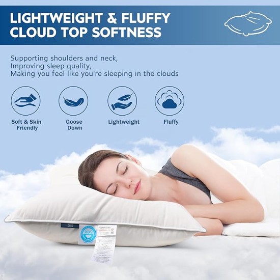 Natural Goose Down Pillows: Luxury Hotel Bed Pillow with 750 Fill Power, White Goose Down Sleeping Pillow with Pillowcase, Soft Pillow for Back, Side, Stomach Sleepers - 1 Pack, Standard (20" x 26")