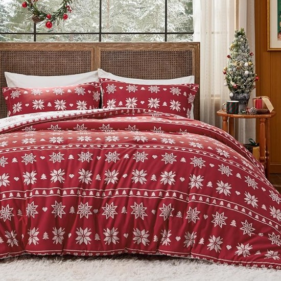 Christmas Comforter Set Queen - Christmas Bedding Comforter Set with Snowflakes, 3 Pieces, 1 Soft Snowflake Printed Comforter and 2 Pillow Shams