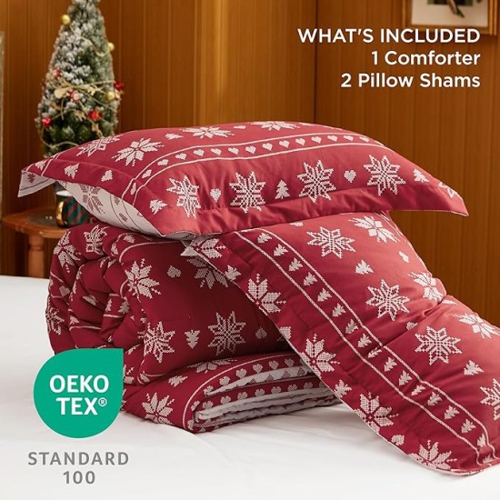 Christmas Comforter Set Queen - Christmas Bedding Comforter Set with Snowflakes, 3 Pieces, 1 Soft Snowflake Printed Comforter and 2 Pillow Shams
