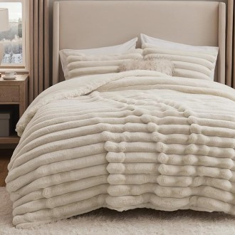 Faux Fur Queen Comforter Set - Beige Fluffy Comforter Queen Size, Soft and Cozy Shaggy Bedding Comforter Sets, Winter Warm Luxury Fuzzy Bed Set 3 Pieces, 1 Comforter and 2 Pillowcases