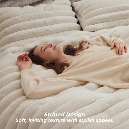 Faux Fur Queen Comforter Set - Beige Fluffy Comforter Queen Size, Soft and Cozy Shaggy Bedding Comforter Sets, Winter Warm Luxury Fuzzy Bed Set 3 Pieces, 1 Comforter and 2 Pillowcases